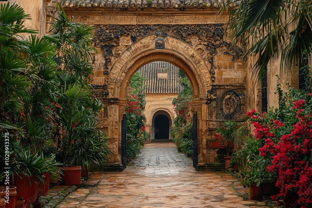 Fototapeta premium Ornate Stone Archway Leading to a Courtyard with Lush Greenery