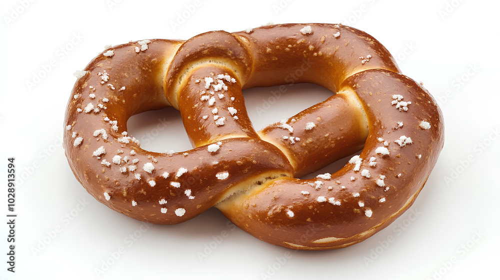 A single soft pretzel with salt on top, isolated on a white background. A single soft pretzel with salt on top, isolated on a white background.