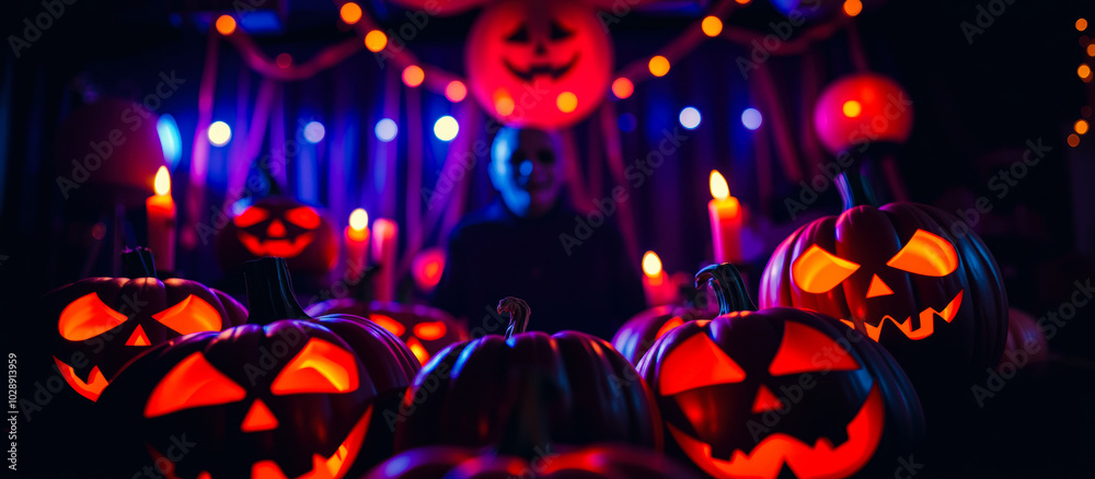 glowing jack-o-lanterns a dark room create a spooky halloween scene glowing jack-o-lanterns a dark room create a spooky halloween scene