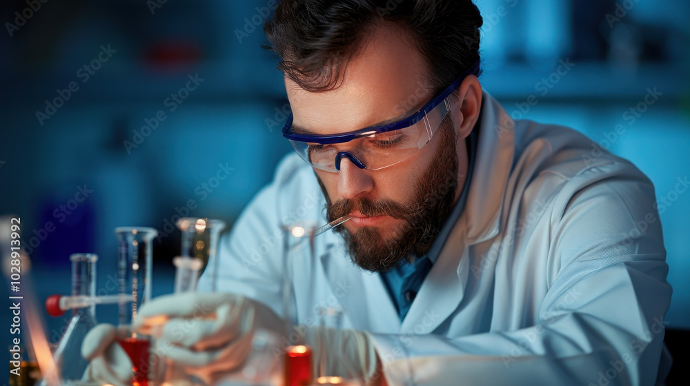 scientist is focused on laboratory equipment, conducting experiments with precision and care. atmosphere is filled with sense of discovery and innovation scientist is focused on laboratory equipment, conducting experiments with precision and care. atmosphere is filled with sense of discovery and innovation