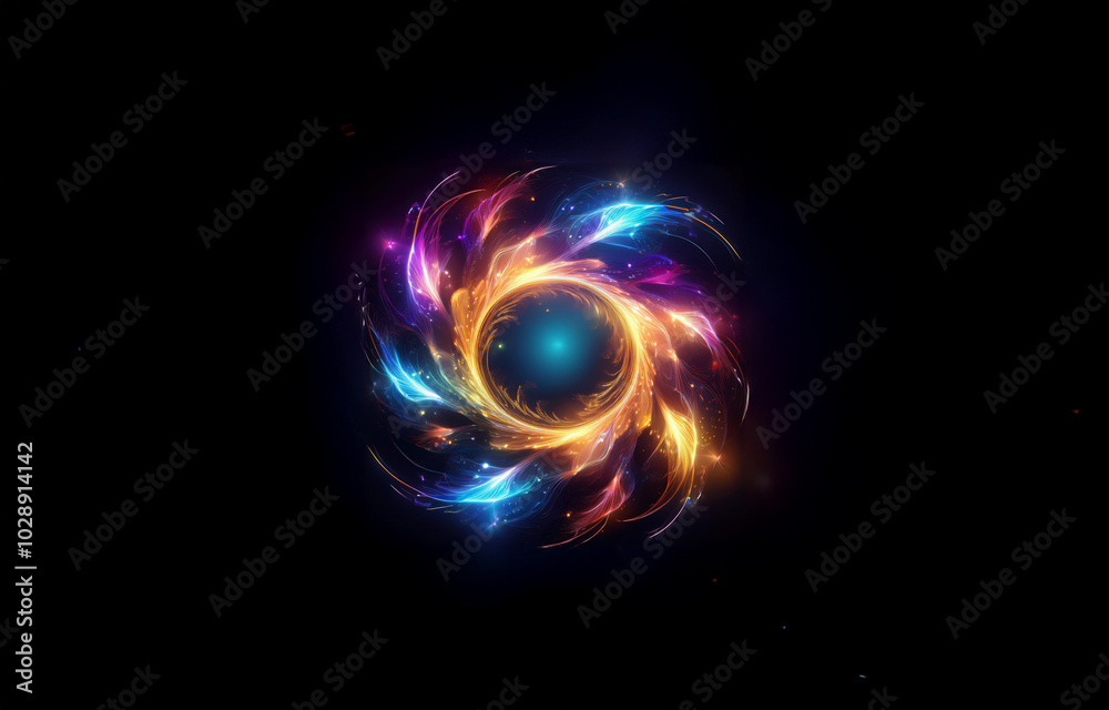 Concentric circles of neon light glow in the dark, forming a colorful abstract pattern. Concentric circles of neon light glow in the dark, forming a colorful abstract pattern.