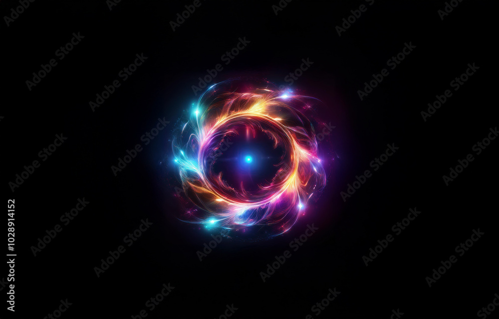 Concentric circles of neon light glow in the dark, forming a colorful abstract pattern. Concentric circles of neon light glow in the dark, forming a colorful abstract pattern.