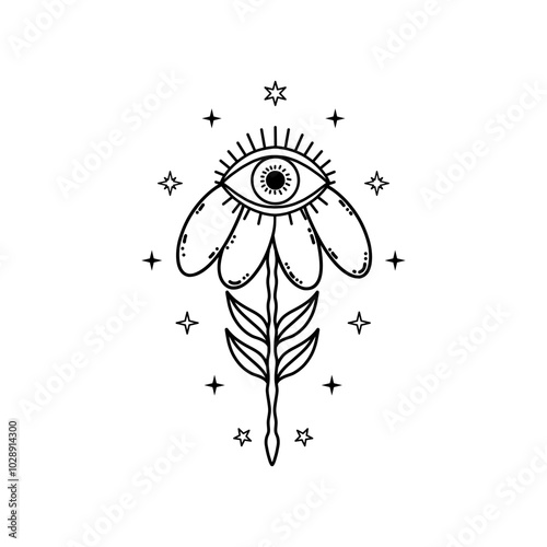 Flower with   mystical eye in doodle style on white background.