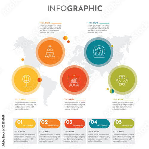 infographic 5 elements template flat symmetric pentagon world map