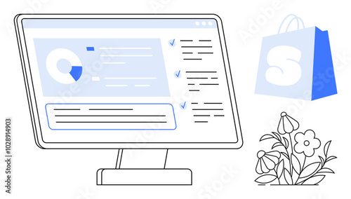 Monitor displaying analytics with a blue shopping bag and floral arrangement beside it. Ideal for online shopping, business analytics, technology, e-commerce, marketing concepts. Simplistic, modern