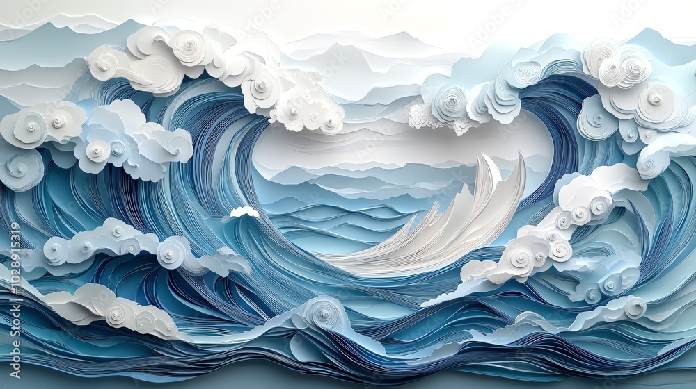 Multilayered paper cut waves with intricate curves and delicate details, creating a dynamic ocean scene, paper cut waves, intricate marine design Multilayered paper cut waves with intricate curves and delicate details, creating a dynamic ocean scene, paper cut waves, intricate marine design