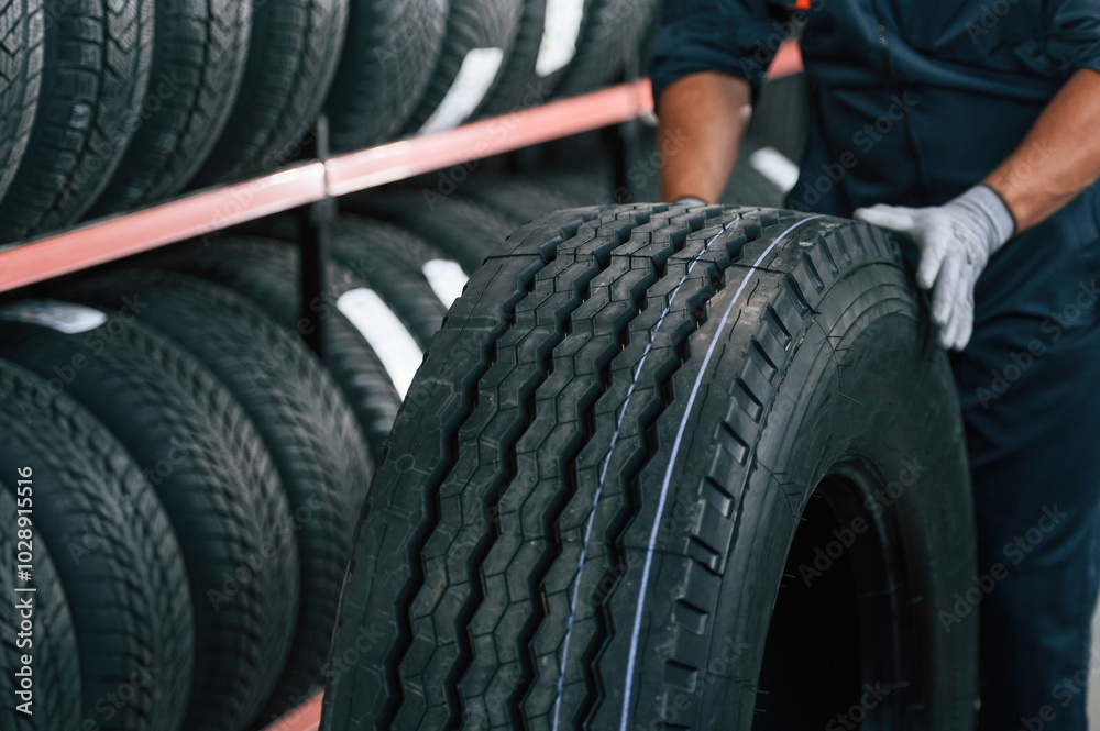 Detailed close up view, moving the wheel. Man is in the tire fitting car service Detailed close up view, moving the wheel. Man is in the tire fitting car service