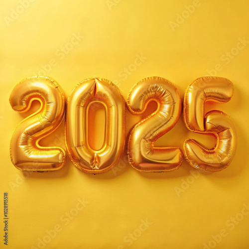 Golden 3D Balloon 2025 Numbers on Vibrant Yellow Background with Festive Celebration Theme