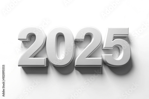 Modern 3D Metallic 2025 Text Design with Simple Gray Background and Realistic Shadow Effect