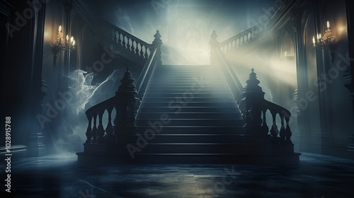 Spooky stairs covered with webs in an eerie abandoned mansion at night.