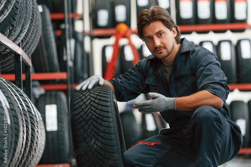 Sitting and showing the tire. Man is in the tire fitting car service Sitting and showing the tire. Man is in the tire fitting car service