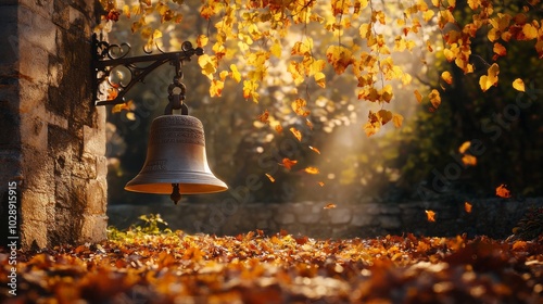 An empty scene featuring a weathered stone church bell, softly ringing in the cool autumn air, framed by colorful foliage and lit by warm rays of sunlight,  photo