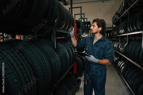 Work in progress, manager is in warehouse. Man is in the tire fitting car service