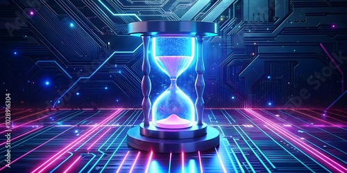 hourglass and blue sky, abstract technological background with hourglass and futuristic elements