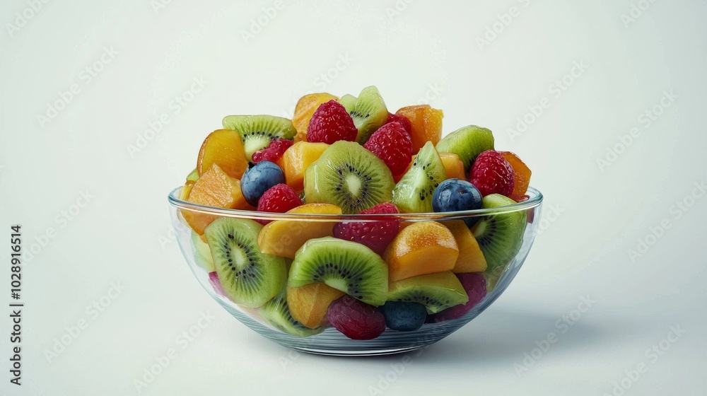 Fresh Vibrant Fruit Salad in Glass Bowl with Kiwi, Berries, and Peaches on Light Background Fresh Vibrant Fruit Salad in Glass Bowl with Kiwi, Berries, and Peaches on Light Background
