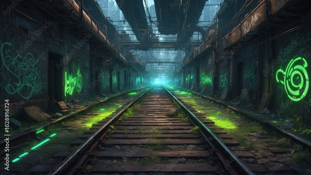 Rusted Railway Tracks with Glowing Neon Green Accents in Abandoned Underground Tunnel Rusted Railway Tracks with Glowing Neon Green Accents in Abandoned Underground Tunnel