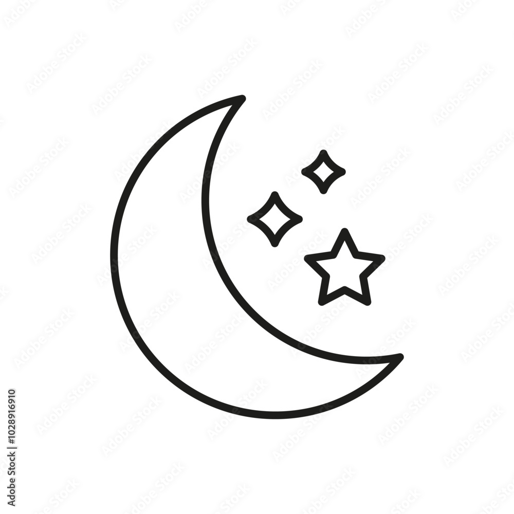 Moon And Stars Line Icon. Night Sky Crescent Moon With Stars Outline Symbol. Editable Stroke. Isolated Vector Illustration Moon And Stars Line Icon. Night Sky Crescent Moon With Stars Outline Symbol. Editable Stroke. Isolated Vector Illustration