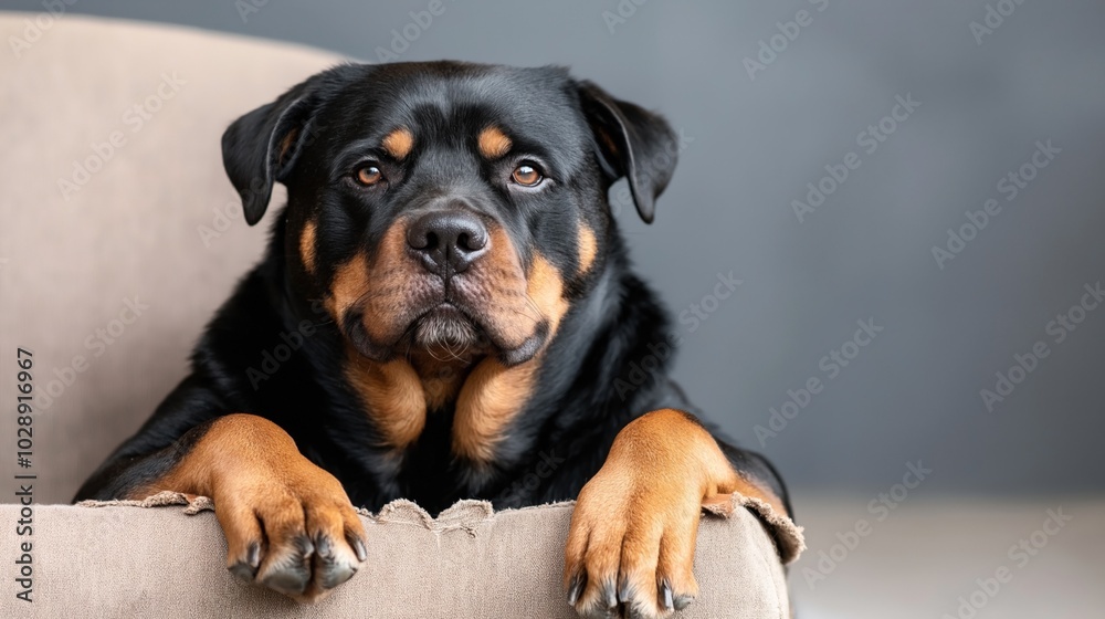 Close-up portrait of a Rottweiler dog resting its head and paws on a beige armchair with a gray background. Close-up portrait of a Rottweiler dog resting its head and paws on a beige armchair with a gray background.
