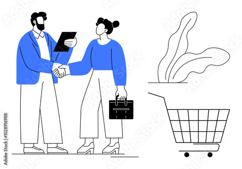 Handshake between two professionals with tablet and briefcase, accompanied by a plant and a shopping cart. Ideal for business, partnerships, agreements, online shopping, e-commerce. Simple modern