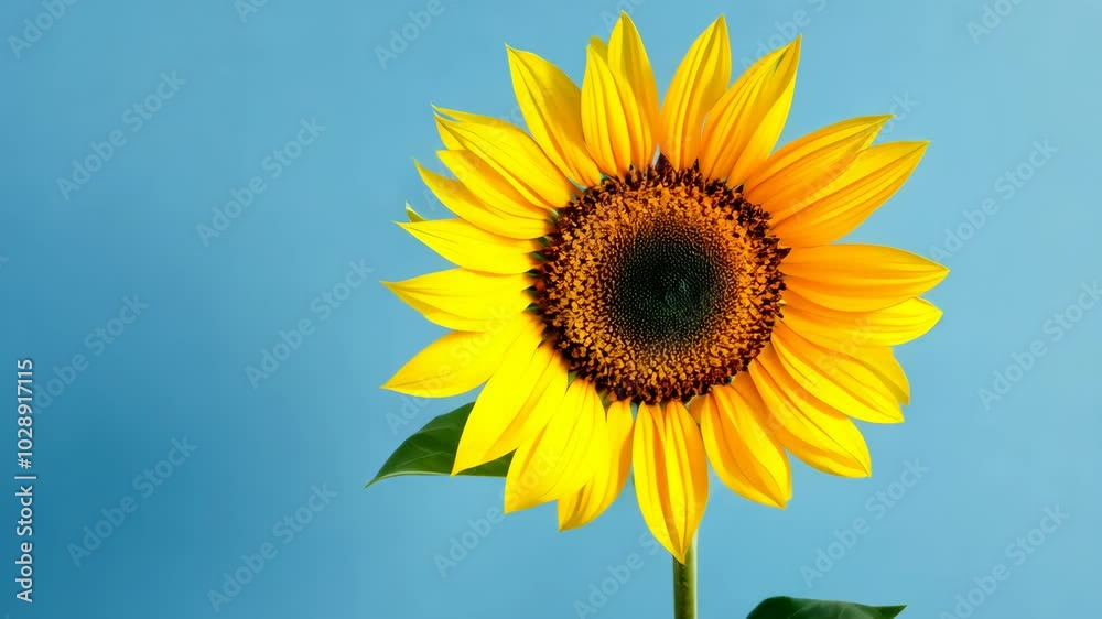 Photorealistic Close-Up of a Vibrant Sunflower in Full Bloom on a Bright Blue Background with a Single Green Leaf Photorealistic Close-Up of a Vibrant Sunflower in Full Bloom on a Bright Blue Background with a Single Green Leaf