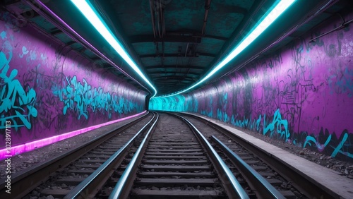 Underground Railway Tracks Illuminated by Neon Pink and Cyan Lights