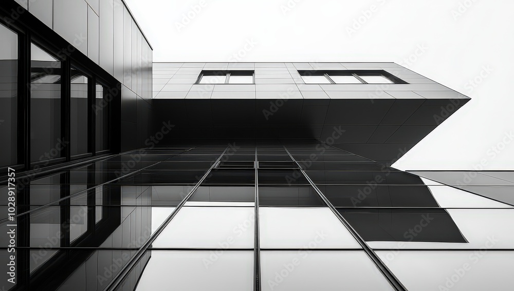 Obraz premium Black-and-white modern architecture, featuring geometric shapes, building structures and steel beams