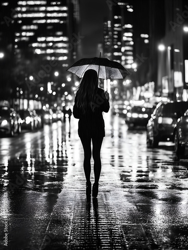 A nighttime urban scene features a lone pedestrian with an umbrella, framed by glowing city buildings and wet pavement.