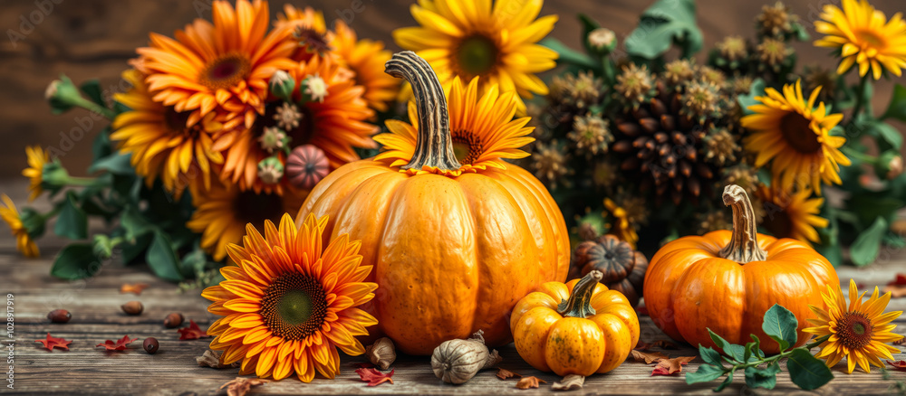 large pumpkin surrounded by fall flowers large pumpkin surrounded by fall flowers