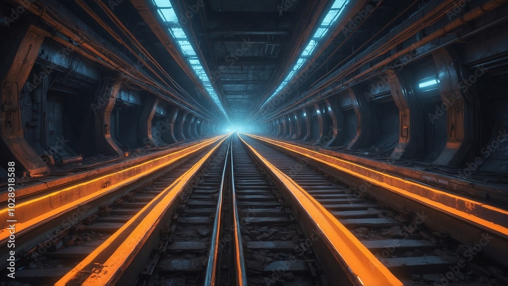 Fototapeta premium High-Speed Railway Tracks in Neon Yellow Illuminating Futuristic Transportation Tunnel