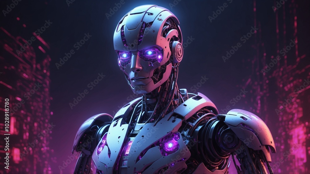 Enigmatic Humanoid Robot with Fractured Faceplate Exposing Luminous Inner Mechanisms Enigmatic Humanoid Robot with Fractured Faceplate Exposing Luminous Inner Mechanisms