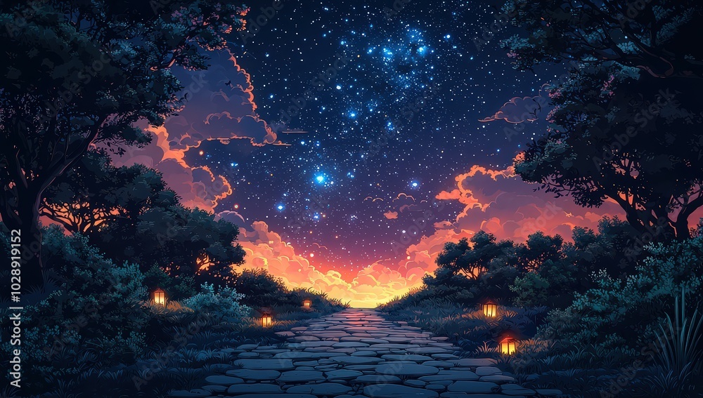 Cartoon background of a starry night sky, a stone path in the park with lanterns on the sides, a cartoon-style forest landscape Cartoon background of a starry night sky, a stone path in the park with lanterns on the sides, a cartoon-style forest landscape