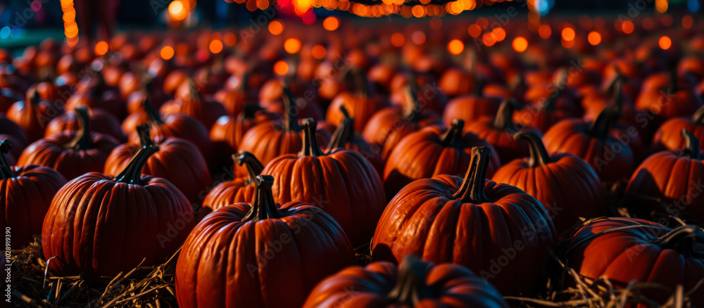 Fototapeta premium close- pumpkins illuminated by warm lights