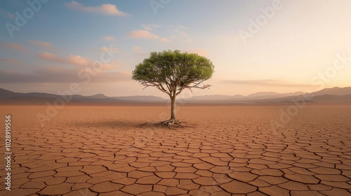 solitary tree stands resilient in middle of vast, cracked landscape, symbolizing hope amidst desolation. dry earth stretches out under soft, warm sky