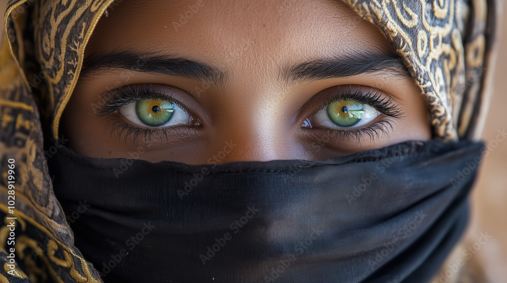 woman in her authentic traditional dress, has GREEN eyes and wears a mask on her face