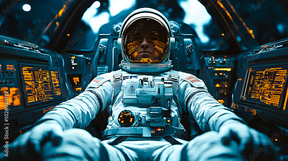 Astronaute avec casque et combinaison assis dans son engin spatial Astronaute avec casque et combinaison assis dans son engin spatial