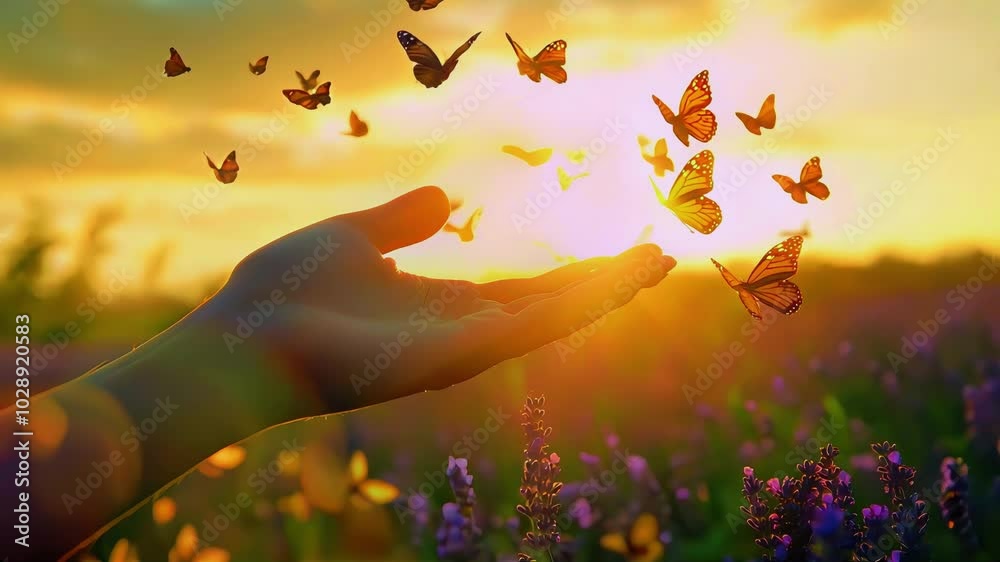 Gentle hand releasing butterflies at sunset in a vibrant wildflower field.