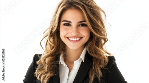 She wears a black jacket and has long brown hair. She looks happy and confident in her black jacket.