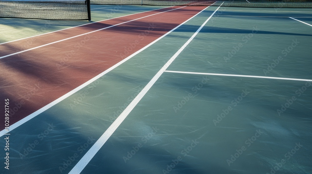 Empty Tennis Court at Sunset: Geometry and Shadows on a Serene Surface Empty Tennis Court at Sunset: Geometry and Shadows on a Serene Surface