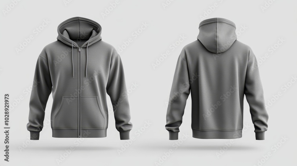Gray zip-up hoodie mockup. Zipper hoodie. Front and back hoodie template
