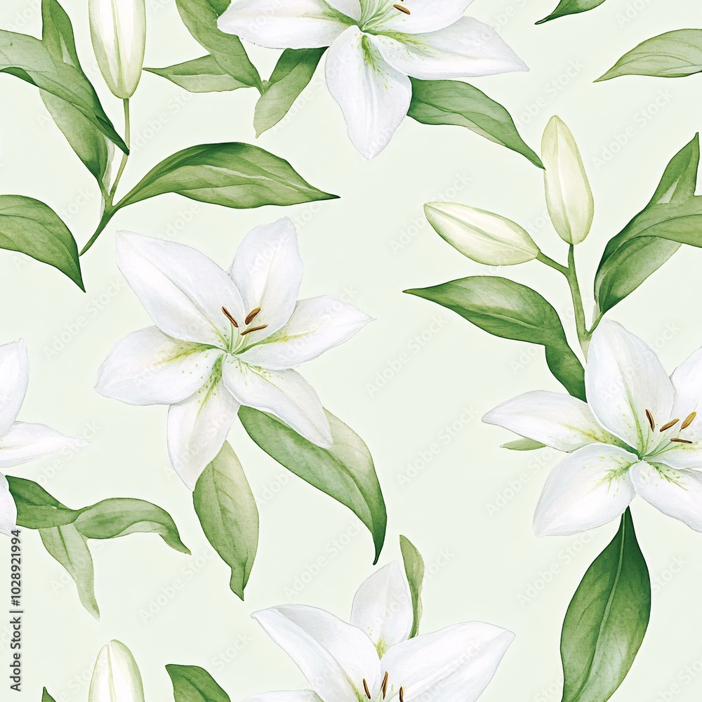 Delicate White Watercolor Lily Flowers on Soft Green Background Seamless Pattern Delicate White Watercolor Lily Flowers on Soft Green Background Seamless Pattern