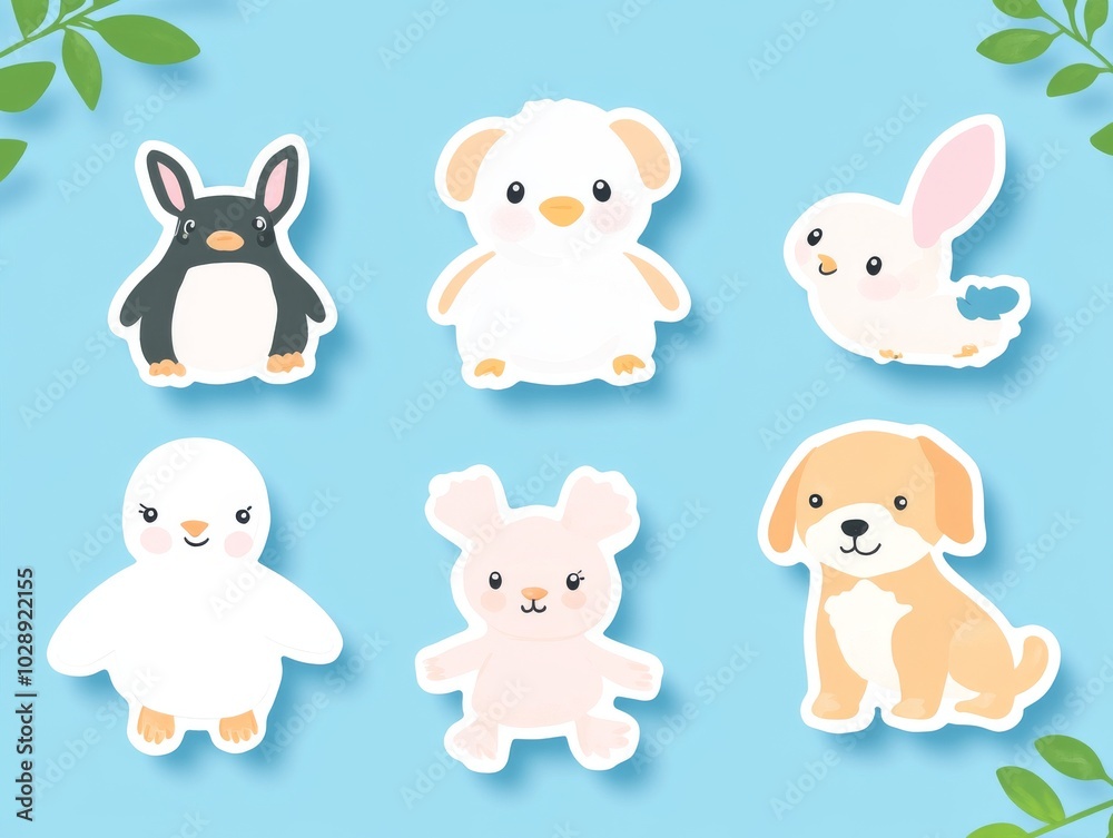 Stickers featuring cute hand-drawn cartoons of dogs, penguins, rabbits, and elephants. The doodle style illustrations are colorful and playful. Stickers featuring cute hand-drawn cartoons of dogs, penguins, rabbits, and elephants. The doodle style illustrations are colorful and playful.