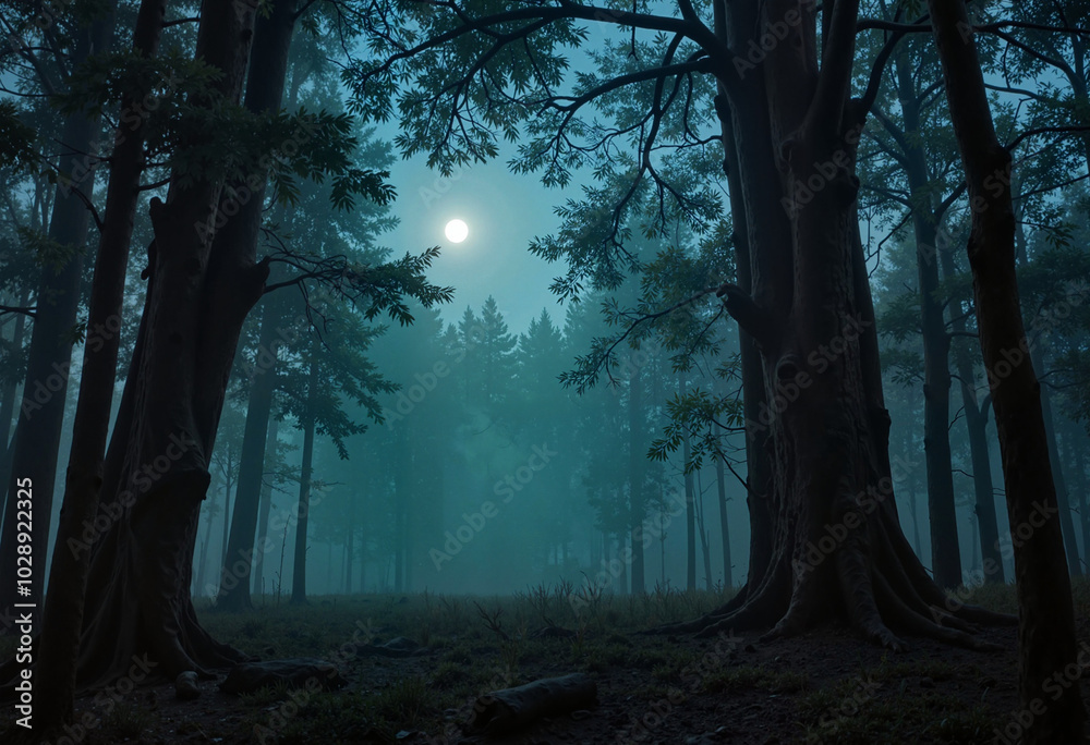Fototapeta premium Thick fog creeps through a dark forest, dim moonlight filters through the branches of trees, shadows hide in the mist, creating a sinister and frightening atmosphere