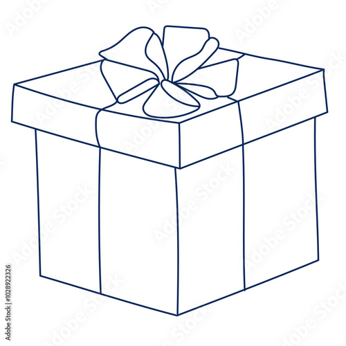 Square shape gift box with ribbon bow vector outline illustration. Holiday surprise box continuous line. Festive present. For advertising banners, Merry Christmas, birthday cards. Isolated on white.