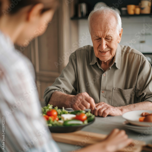 Senior man receiving personalized dietary advice from a professional nutritionist, with focus on hands and a detailed nutrition plan. Care, wellness, and tailored support for aging individuals.