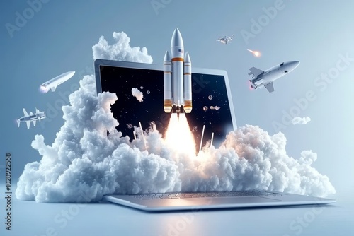 Rocket launching from a laptop screen surrounded by clouds, set against a blue background, concept of innovation.