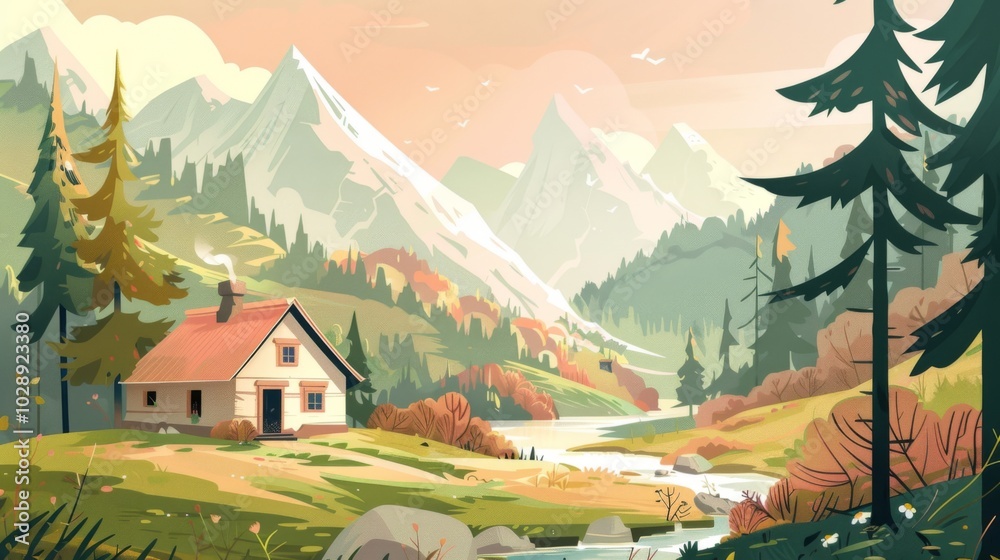 A cozy house in a lush, green landscape with a stream, trees, and mountains under a colorful sunset sky. A cozy house in a lush, green landscape with a stream, trees, and mountains under a colorful sunset sky.
