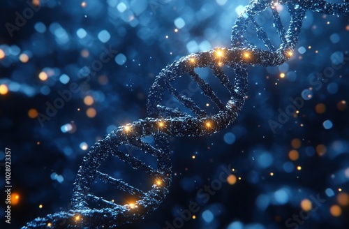 A digital representation of a DNA double helix with glowing elements against a blue background.