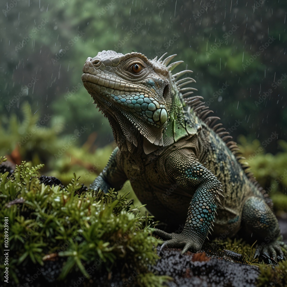 A green iguana lizard with a blue throat sits on a moss-covered log in a rainforest, looking up with rain falling around it. A green iguana lizard with a blue throat sits on a moss-covered log in a rainforest, looking up with rain falling around it.