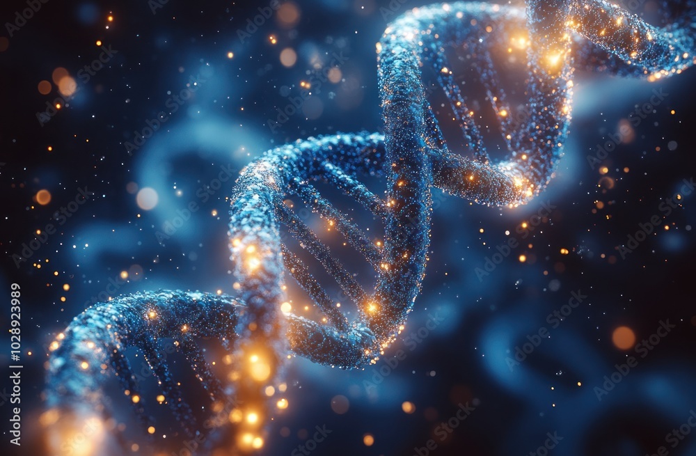 A digital representation of a DNA double helix with glowing elements and a cosmic background. A digital representation of a DNA double helix with glowing elements and a cosmic background.