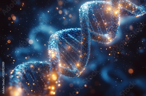 A digital representation of a DNA double helix with glowing elements and a cosmic background.